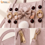 Premium Dusty Pink Embossed Leather Handbag with Bow, Fur Pompom & Stone Details - Image 2
