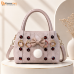 Premium Dusty Pink Embossed Leather Handbag with Bow, Fur Pompom & Stone Details - Image 4