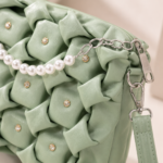 Premium Light Green Woven Puffed Shoulder Bag with Pearl Chain & Stone Accents - Image 5