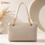 uxury Beige Woven Texture Ladies Shoulder Bag with Scarf Accent & Chain Strap - Image 6