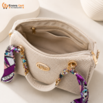 uxury Beige Woven Texture Ladies Shoulder Bag with Scarf Accent & Chain Strap - Image 3