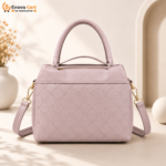 Premium Muted Mauve Embossed Floral Leather Satchel Handbag with Bow, Black Pompom & Gold Accents - Image 6