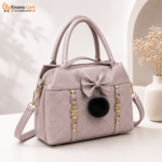 Premium Muted Mauve Embossed Floral Leather Satchel Handbag with Bow, Black Pompom & Gold Accents - Image 5