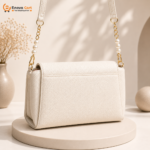 Elegant Off-White Pebble Textured Leather Flap Crossbody Bag with Front Bow & Pearl Chain Strap - Image 2