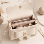 Elegant Off-White Pebble Textured Leather Flap Crossbody Bag with Front Bow & Pearl Chain Strap - Image 3