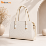 Premium Off-White Textured Leather Satchel Tote Bag with Gold Emblem & Dual Handles - Image 2