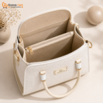 Premium Off-White Textured Leather Satchel Tote Bag with Gold Emblem & Dual Handles - Image 4