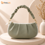 Olive Green Leather Half Moon Shoulder Bag with Bow & Pearl Chain - Image 2