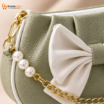 Olive Green Leather Half Moon Shoulder Bag with Bow & Pearl Chain - Image 3