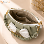 Olive Green Leather Half Moon Shoulder Bag with Bow & Pearl Chain - Image 4