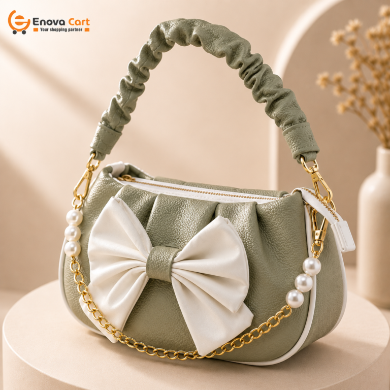 olive green leather half moon shoulder bag with white bow enova cart