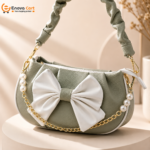 Olive Green Leather Half Moon Shoulder Bag with Bow & Pearl Chain - Image 6