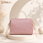 Glamorous Pink Shimmer Geometric Flap Crossbody Bag with Pearl Top Handle & Bow - Image 2
