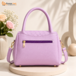 Premium Soft Purple Embossed Leather Satchel Handbag with Bow, Matching Pompom & Gold Accents - Image 2