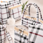 Premium Plaid Check Printed Ladies Handbag with Pompom Charm & Shoulder Strap - Image 5