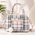 Premium Plaid Check Printed Ladies Handbag with Pompom Charm & Shoulder Strap - Image 4