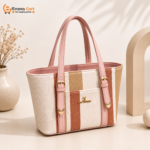 Premium Woven Straw Canvas Shoulder Tote Bag with Pink Leather Trim & Geometric Stripe - Image 2